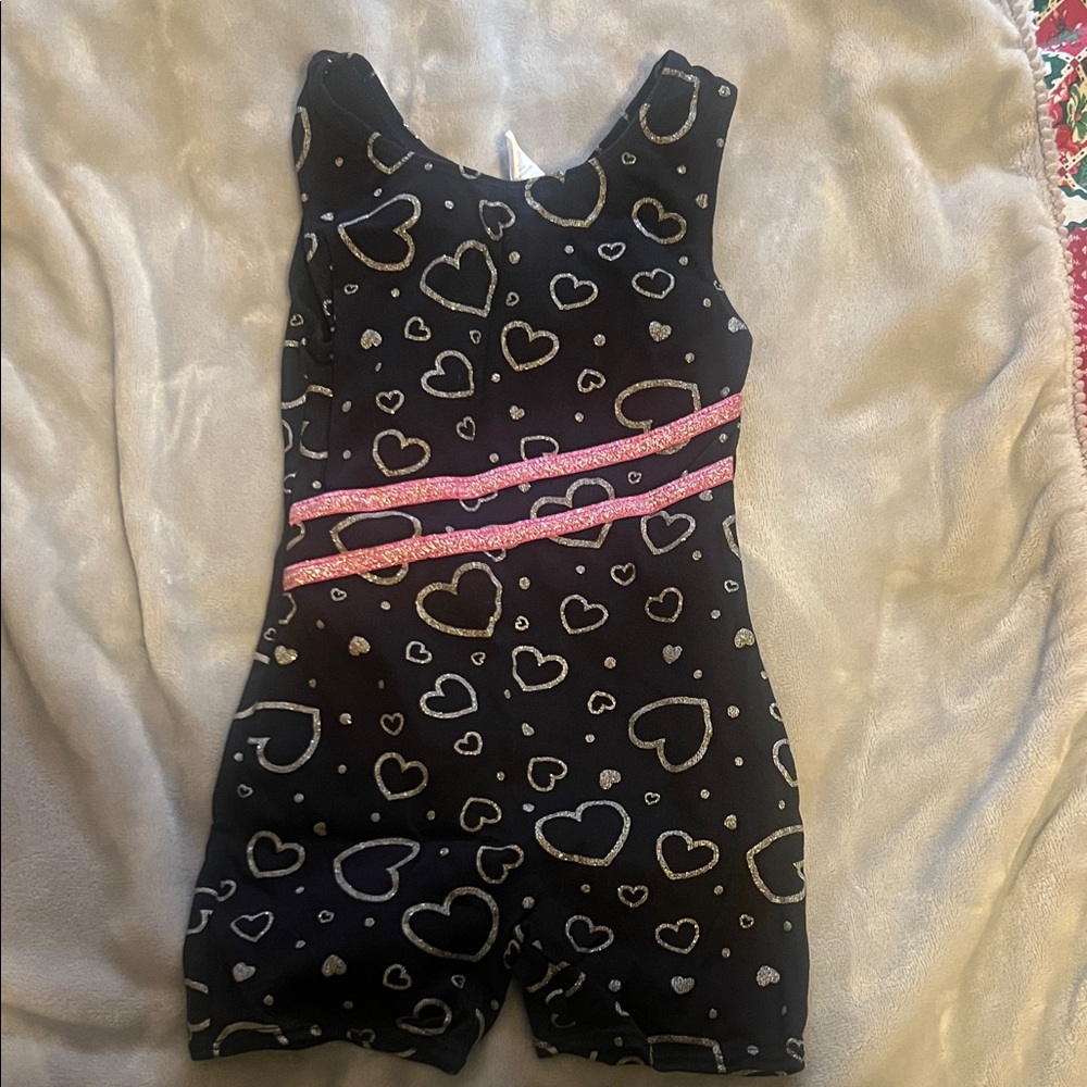Girls Black Heart Print Leotard with Pink Sparkle Waist